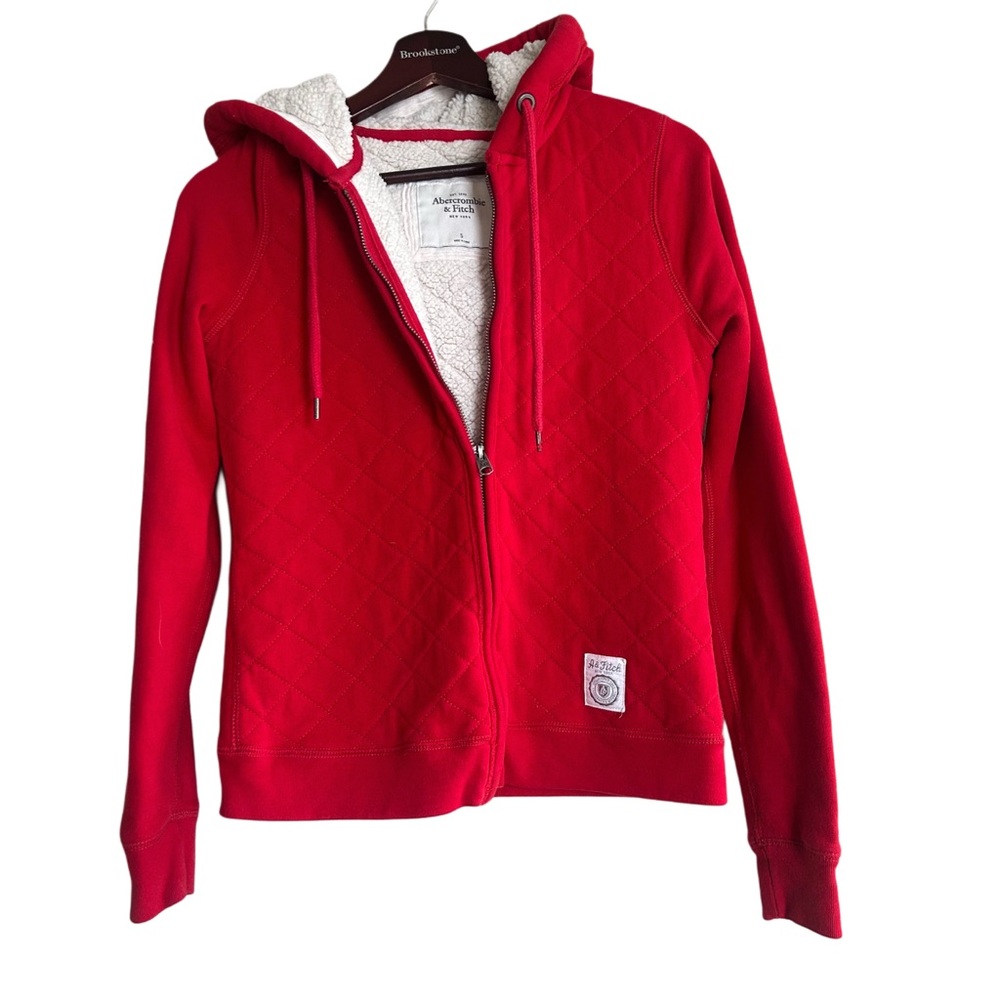 🧣Abercrombie & Fitch Red Soft Sherpa Lined Hoodie Quilted Sweatshirt Small | Y2K